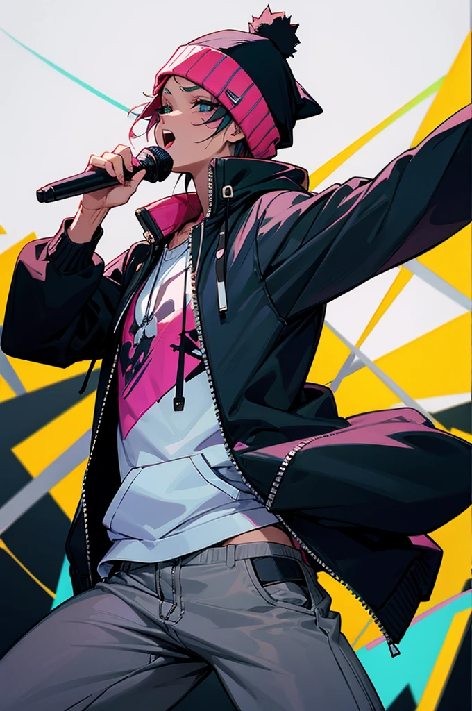 modern day rapper wearing alternative style clothing with a Beanie and zip up hoodie singing