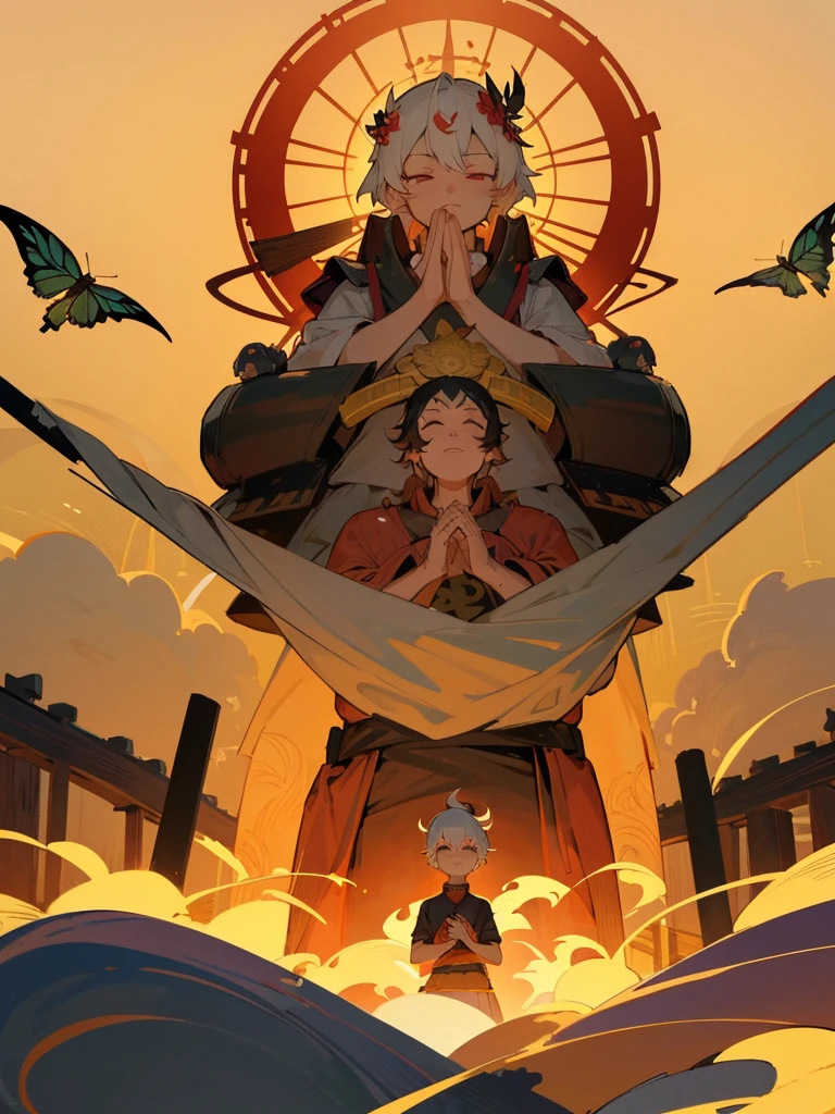 Kannon Bodhisattva,Burning Eyes, Gensokyo, white short hair, black armor, torii, man, butterfly々, hands together in prayer, Zen meditation Golden guardian dog Japanese sword Lotus flower field Paradise 機械