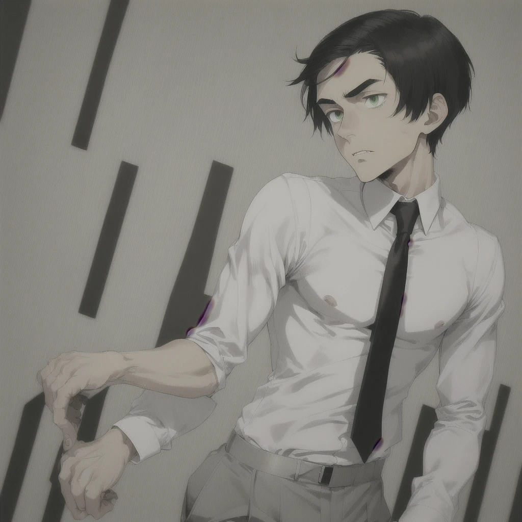 White boy, tan skin, black combover hairstyle, green eyes, long nose, long sharp face , skinny , tall, white shirt, grey tie, grey pants, fancy shoes