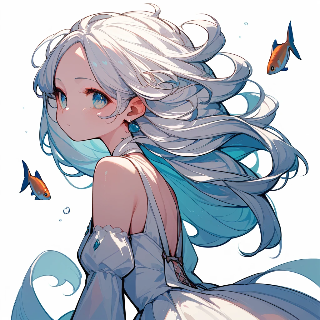 girl、fishとgirl、fish、fish座、curly white hair、White background、Simple clothes、White Dress
