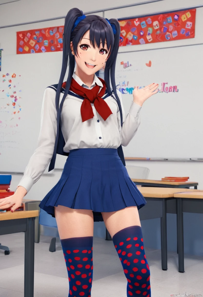 cheered up, character, female, Women ,yandere simulator, trigger words, Osana Najimi, two tails, serafín, Red scarf, blue skirt, polka dot leggings, blue skirt, Polka dot legwear, inside, session, classroom, greeting the viewer, SMILE,
