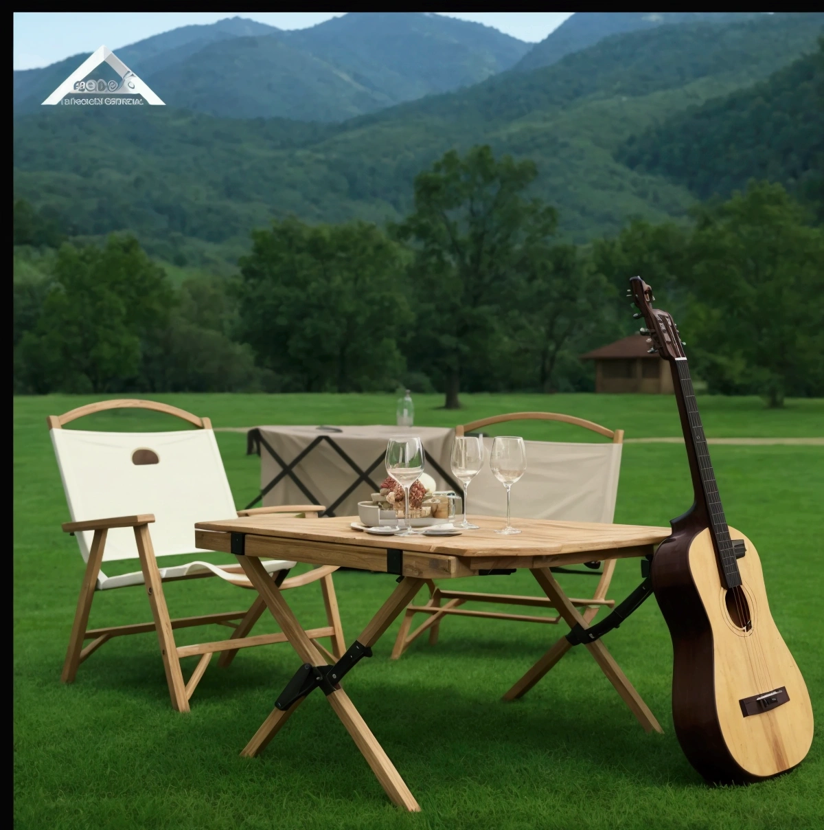 There is a wine glass on the table, outdoors setting, outdoor, all in the amazing outdoors view, outdoors mesa setting, outdoors, Ground-level perspective shooting, [ Realistic photos ]!!, On wooden table, detailed picture, Relaxed atmosphere, Very detailed scene, Medium Polyester, Product introduction photos, Summer environment, Realistic and lifelike images, Handsome, Furniture concept photos!!