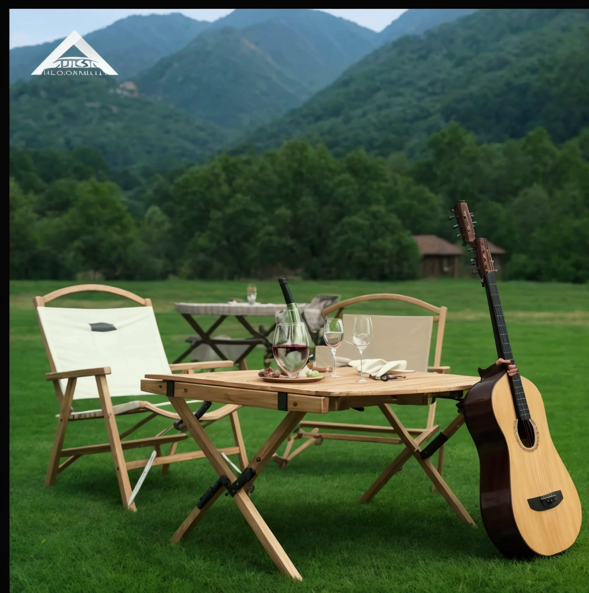There is a wine glass on the table, outdoors setting, outdoor, all in the amazing outdoors view, outdoors mesa setting, outdoors, Ground-level perspective shooting, [ Realistic photos ]!!, On wooden table, detailed picture, Relaxed atmosphere, Very detailed scene, Medium Polyester, Product introduction photos, Summer environment, Realistic and lifelike images, Handsome, Furniture concept photos!!
