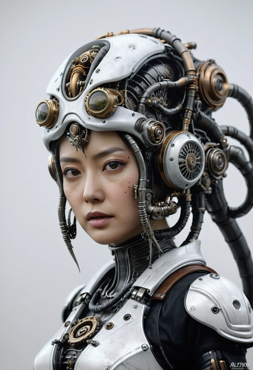 ohwx japanese women, a steam punk cyborg, front view, white background, unreal engine, inspired by HR Giger, half body portrait, highly detailed, photo realistic, cinematic, movie still, captured in the style of Sony Alpha A7 III camera