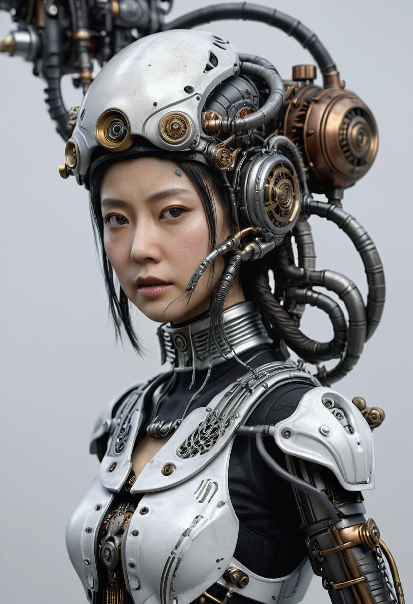 ohwx japanese women, a steam punk cyborg, front view, white background, unreal engine, inspired by HR Giger, half body portrait, highly detailed, photo realistic, cinematic, movie still, captured in the style of Sony Alpha A7 III camera