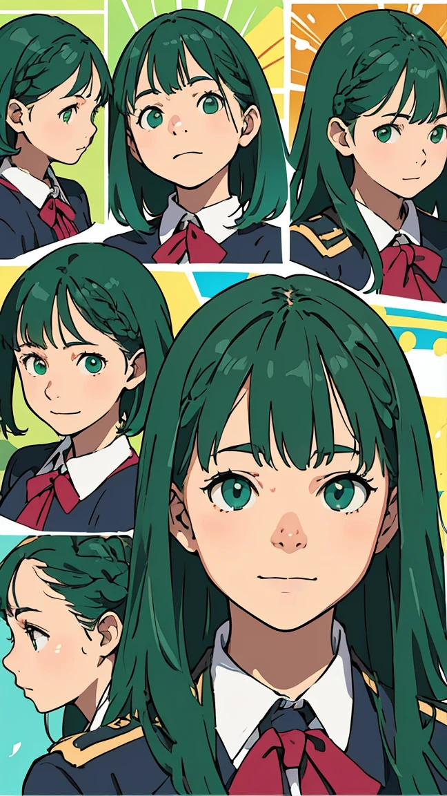 ((Facial Expression Pattern)), Green Eyes, (Green Hair), ((Wavy Hair)), Uniform, One Girl, One Person, Very Beautiful, Best Quality, Great Quality, Curated, Shape, Very Detailed, Anime Coloring, Very Detailed, Official Art, Warm Tones, Sun Flares, Soft Shadows, Vibrant Colors, Very Detailed, Official Art, ((Hairstyle with Bangs)), Facial Expression Pattern, Smiling Face,