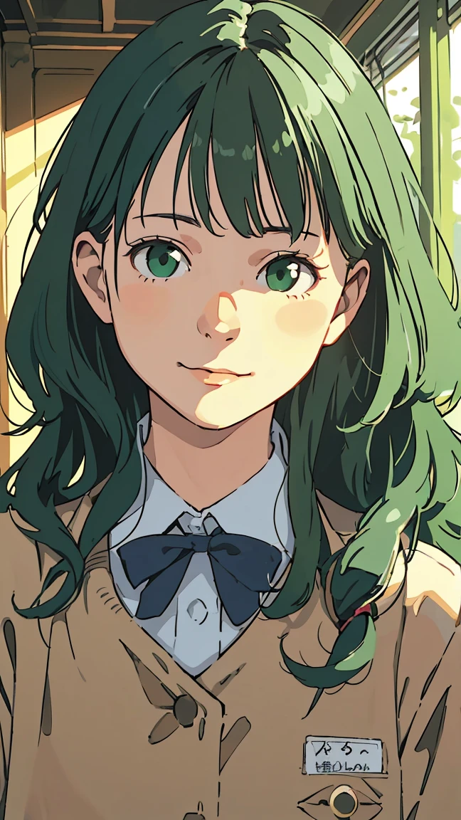 ((Facial Expression Pattern)), Green Eyes, (Green Hair), ((Wavy Hair)), Uniform, One Girl, One Person, Very Beautiful, Best Quality, Great Quality, Curated, Shape, Very Detailed, Anime Coloring, Very Detailed, Official Art, Warm Tones, Sun Flares, Soft Shadows, Vibrant Colors, Very Detailed, Official Art, ((Hairstyle with Bangs)), Facial Expression Pattern, Smiling Face,