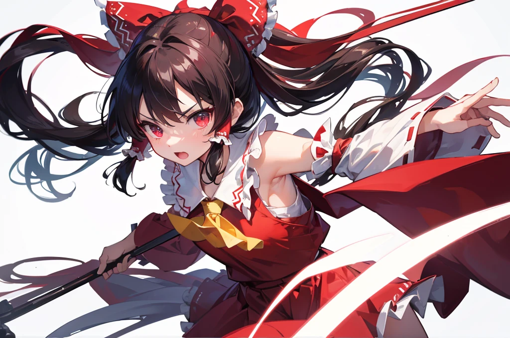 ((Highest quality)) 8k Hakurei Reimu Serious cute Young ((White background)) fight (Hold your bill) barrage (Countless great lights)