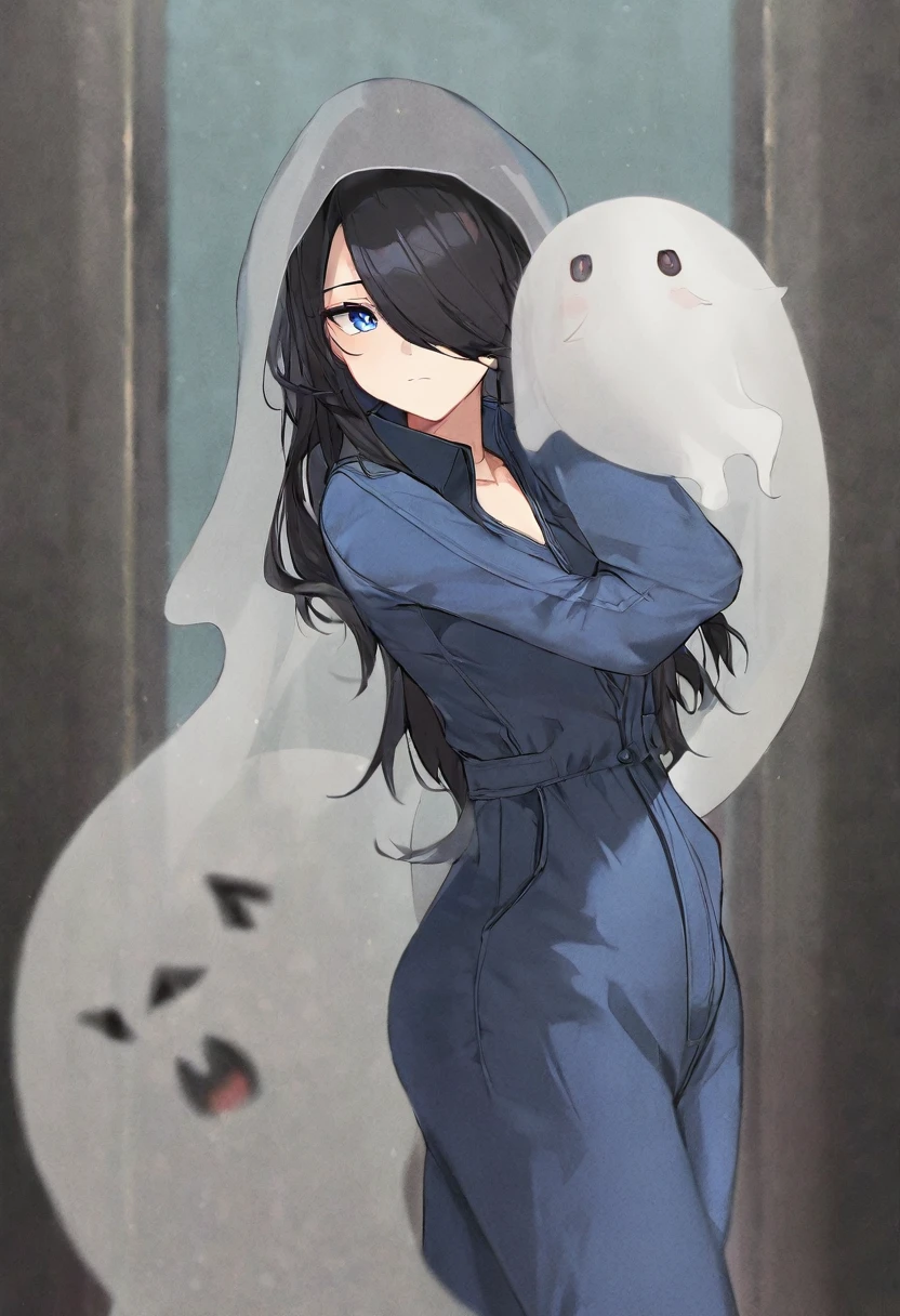 Black long hair，blue eyes，woman，Wearing a blue jumpsuit，The head is covered by the jumpsuit，good body shape，It's a ghost