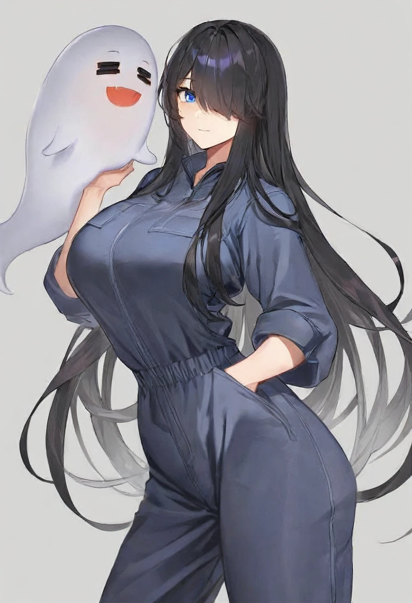 Black long hair,blue eyes,woman,Wearing a blue jumpsuit,The head is covered by the jumpsuit,good body shape,It's a ghost