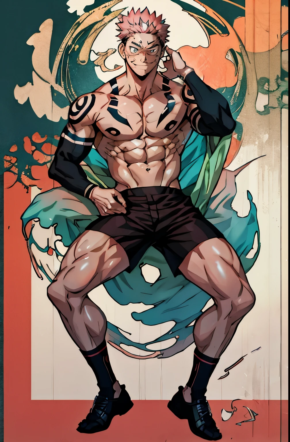 Hot boy clothes inspired on koy fish and cool pose with orange hair and nice outfit and sexy eyes water backgroud he is inspired by koi fish do clothes and he is cool and with tatto of koi fish in the abs and the backgroud is water splash and bubbles
