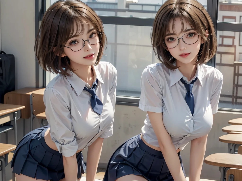 ((2 Japan schoolgirl)), ((2 Cute Girls)), 16 and 18 years old, (school uniform), (White shirt), (red neck tie), (Navy blue pleated skirt), miniskirt, Are standing, perfection female form, perfection face, Glossy pink lips, Expressive eyes, eye shadow, eyeliner, Huge natural breasts, (Narrow waist), light brown hair, short hair, (floating hair), expressive hair, (over-rim glasses), long eyelashes, (smile), (cowboy shot), nsfw,
classroom, By the window, Kissing,
UHD, masterpiece, accurate, anatomically correct, textured skin, super detail, high details, high quality, best quality,