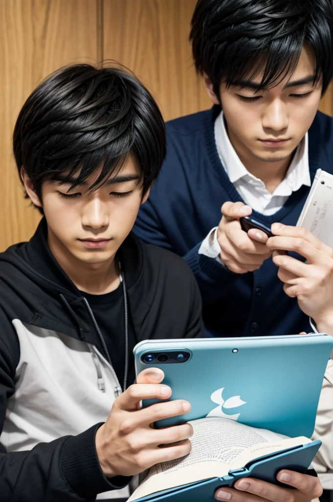 create a picture of 2 anime, the one is opening up a topic while the other one is busy on his phone and not listening