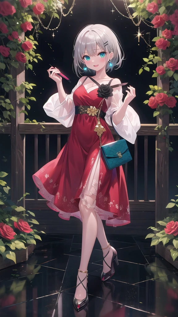 (8K, best quality, master piece: 1.3),super high resolution,1 girl, solo, full body ,ultra-detailed face, silme, (silver gray hair), thin hair clip, cyan colorshift eyes, expressive eyes, Ecstatic expression,Glamorous party dress, silk, sequins, gold, black, clutch bag, earrings, Rose garden, red, green, pink, bright and romantic