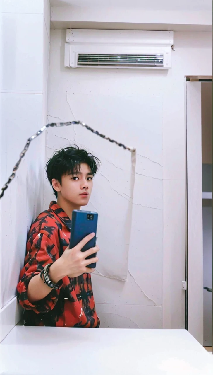 best quality, ultra high res, (photorealistic:1.4), masterpiece, Kodak portra 400, film grain, blurry background , bubble tea shop, solo,1 boys,Young man ,white skin, double eyelids,Crew cut,white t-shirt, posing, looking at viewer ,face focus,