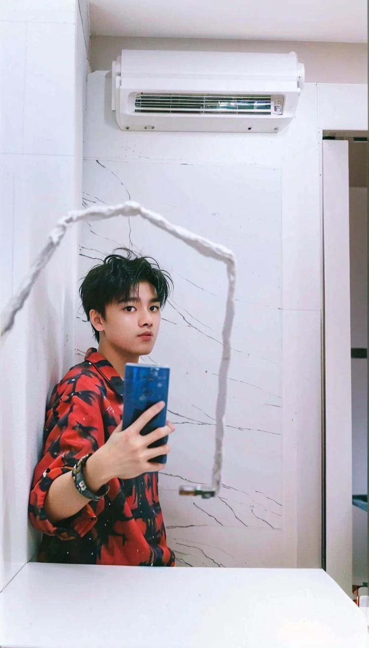 best quality, ultra high res, (photorealistic:1.4), masterpiece, Kodak portra 400, film grain, blurry background , bubble tea shop, solo,1 boys,Young man ,white skin, double eyelids,Crew cut,white t-shirt, posing, looking at viewer ,face focus, 