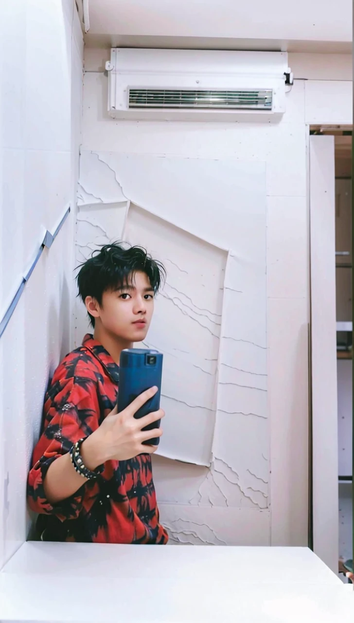 best quality, ultra high res, (photorealistic:1.4), masterpiece, Kodak portra 400, film grain, blurry background , bubble tea shop, solo,1 boys,Young man ,white skin, double eyelids,Crew cut,white t-shirt, posing, looking at viewer ,face focus,