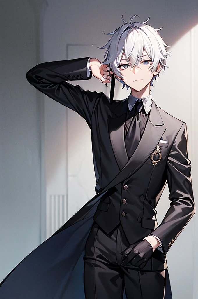 Content: A 3/4 shot of a man in a butler suit and tie, holding a dress sword. The character has white hair, grey eyes, and is depicted in formal attire with a confident smirk and a mature face.

Medium: Digital art, anime illustration.

Style: Visual novel sprite, official character art. The character design emphasizes elegance and poise, capturing the essence of a handsome and mature anime character.

Lighting: Balanced lighting that highlights the character’s facial features and the details of the butler suit, with subtle shadows to add depth.

Colours: A classic palette with a focus on black, white, and grey. The background is in greyscale to keep the emphasis on the character.

Composition: A 3/4 shot capturing the upper body of the character, with the sword held prominently. The background is kept minimalistic and greyscale, focusing on the character’s formal and confident appearance.