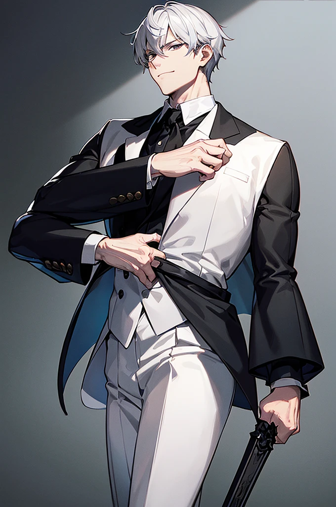 Content: A 3/4 shot of a man in a butler suit and tie, holding a dress sword. The character has white hair, grey eyes, and is depicted in formal attire with a confident smirk and a mature face.
Medium: Digital art, anime illustration.
Style: Visual novel sprite, official character art. The character design emphasizes elegance and poise, capturing the essence of a handsome and mature anime character.
Lighting: Balanced lighting that highlights the character’s facial features and the details of the butler suit, with subtle shadows to add depth.
Colours: A classic palette with a focus on black, white, and grey. The background is in greyscale to keep the emphasis on the character.
Composition: A 3/4 shot capturing the upper body of the character, with the sword held prominently. The background is kept minimalistic and greyscale, focusing on the character’s formal and confident appearance.