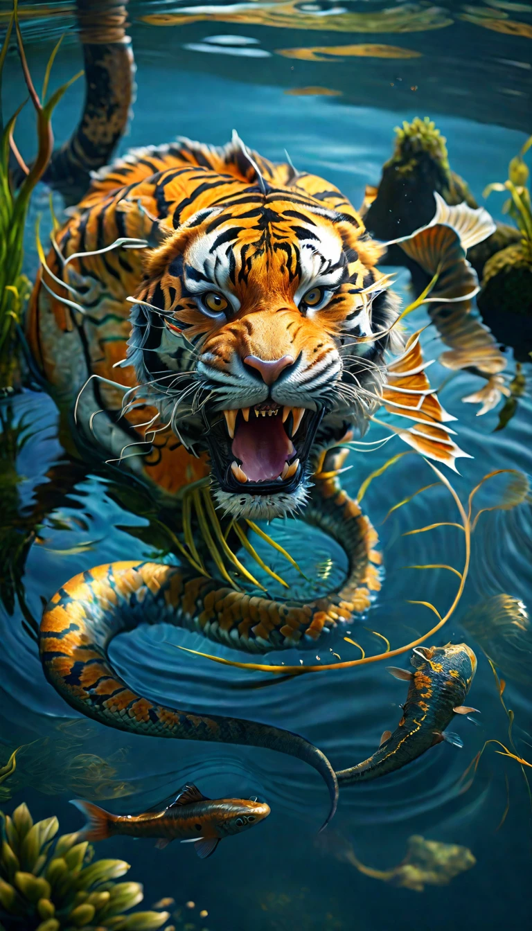 There is a creature in the water，Tiger's head，Fish body，Snake tail(best quality，4K，8k，High level，masterpiece：1.2），Ultra Detailed，（lifelike，Photo real，Photo real：1.37），Highly detailed animals，Complex patterns，Realistic lighting，Fantasy Creatures