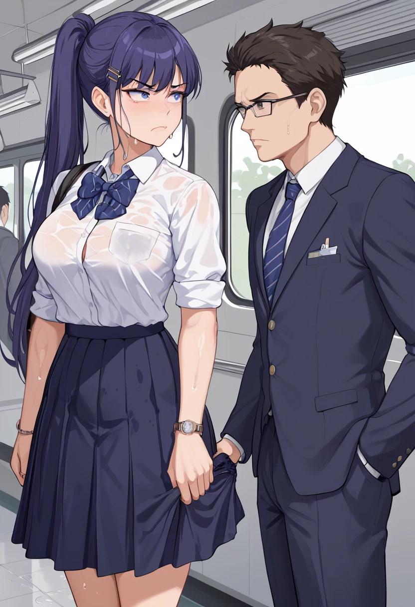 train、A man molesting a high school girl、Troubled face、Wet 、Holding the skirt