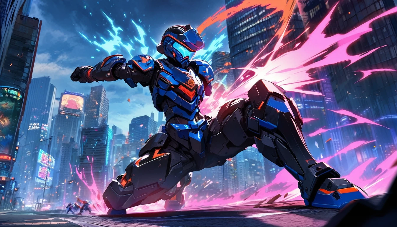 Mech suit, standing, Downtown Vancouver, high-quality artwork, vibrant colours, metal armour, intense lighting, cityscape background, heroic pose, dramatic shadows, black suit with red neon lights, dynamic motion, hockey helmet with blue visor, video game, blue electric fists, smashing fists into the ground, blue power aura