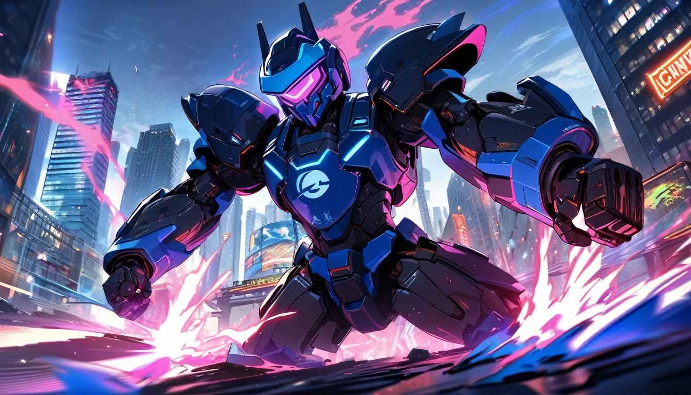 Mech suit, standing, Downtown Vancouver, high-quality artwork, vibrant colours, metal armour, intense lighting, cityscape background, heroic pose, dramatic shadows, black suit with red neon lights, dynamic motion, hockey helmet with blue visor, video game, blue electric fists, smashing fists into the ground, blue power aura