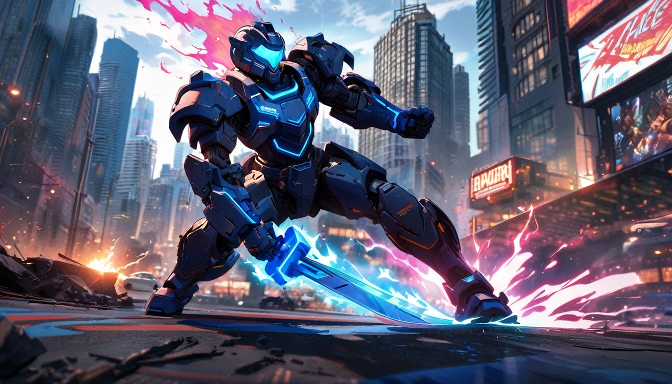 Mech suit, standing, Downtown Vancouver, high-quality artwork, vibrant colours, metal armour, intense lighting, cityscape background, heroic pose, dramatic shadows, black suit with red neon lights, dynamic motion, hockey helmet with blue visor, video game, blue electric fists, smashing fists into the ground, blue power aura