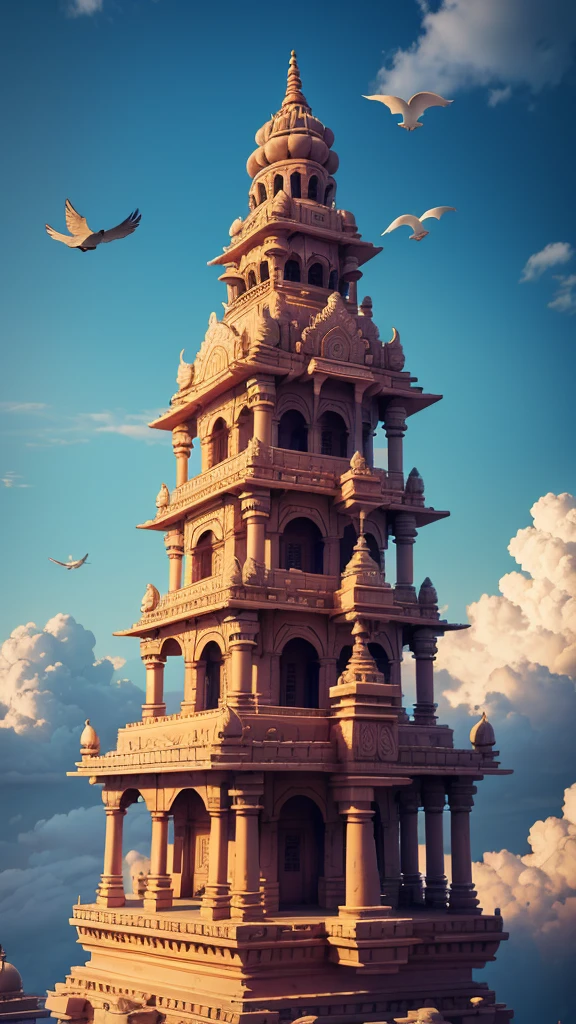 a ancient Indian temple floating in air surrounded by clouds birds flying on top of the city, detailed temple, detailed clouds, detailed birds, highly detailed, best quality, masterpiece, 8k wallpaper.