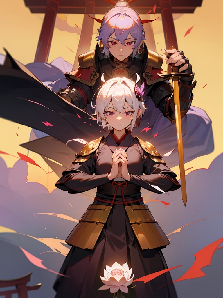 Kannon Bodhisattva,Burning Eyes, Gensokyo, white short hair, black armor, torii, man, Purple-red butterfly々, hands together in prayer, Zen meditation Golden guardian dog Japanese sword Lotus flower field Paradise 機械