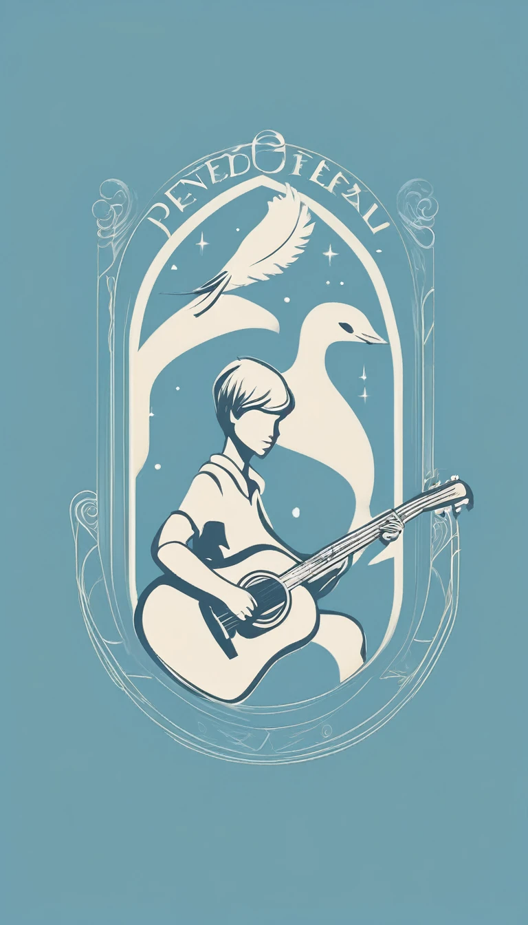 A minimal, modern, simple, cinematic logo design for the brand “Penamemoria". The logo design must be a simple, silhouette of a boy, standing up, playing acoustic guitar and fantasy feather by his side. The logo must convey a sense of music, stories, memories and dreams. Logo design impressed on a book cover. Minimalistic logo. Light blue, white and soft golden as colors for the logo design