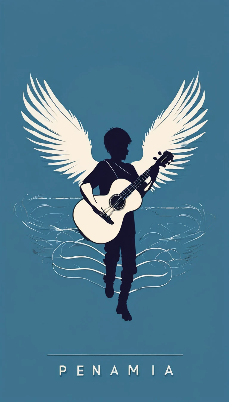 A minimal, modern, simple, cinematic logo design for the brand “Penamemoria". The logo design must be a simple, silhouette of a boy, standing up, playing acoustic guitar and fantasy feather by his side. The logo must convey a sense of music, stories, memories and dreams. Logo design impressed on a book cover. Minimalistic logo. Light blue, white and soft golden as colors for the logo design