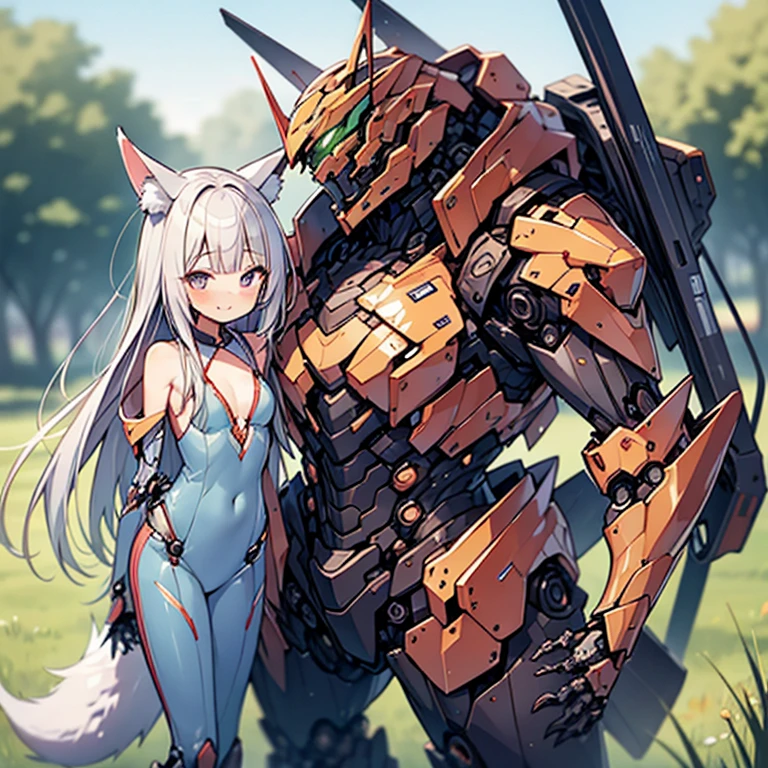 (Fox Girl, Fox Ears, Silver Hair, Fox Makeup, One Girl, Long Hair:1.6), (mecha musume, Machinery Parts,Robot Joints, Red clothes, I can see her cleavage, Skin is visible:1.8), (Body measurements are 75-60-75!, Young girl body, Small breasts, Emphasize the chest, Standing posture, Plump, muscle:1.9), Avatar, face, lewd face, Dominant representation, naughty face, Uplifting, Skin Texture, outside, Grassy field