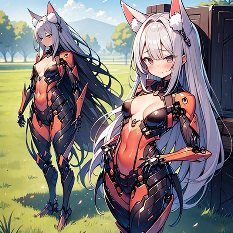 (Fox Girl, Fox Ears, Silver Hair, Fox Makeup, One Girl, Long Hair:1.6), (mecha musume, Machinery Parts,Robot Joints, Red clothes, I can see her cleavage, Skin is visible:1.8), (Body measurements are 75-60-75!, Young girl body, Small breasts, Emphasize the chest, Standing posture, Plump, muscle:1.9), Avatar, face, lewd face, Dominant representation, naughty face, Uplifting, Skin Texture, outside, Grassy field