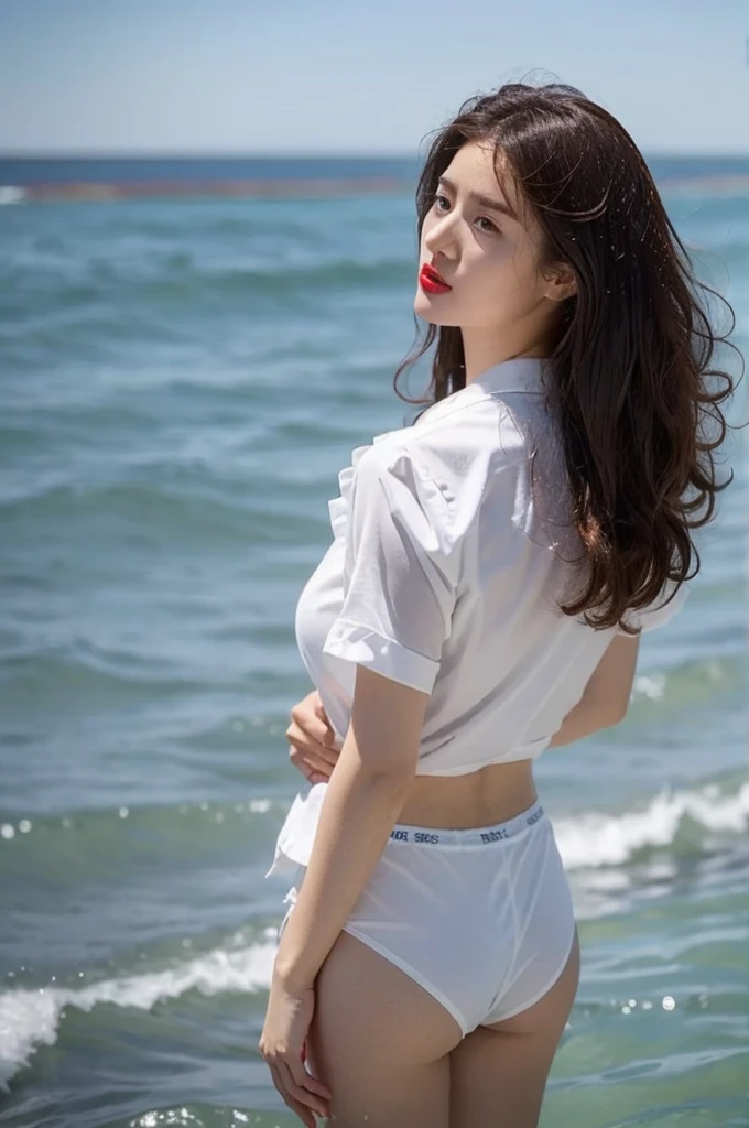 (Gray background、pubic hair、Large Breasts、Thighs、Red lipstick、(((Glaring)))、Curly Hair、Disheveled Hair、Cute woman、high school girl、White shirt、Navy frill mile、Open chest shirt、A wet shirt with underwear showing through、Wet Hair、Gazing at the sea、Watching from behind、