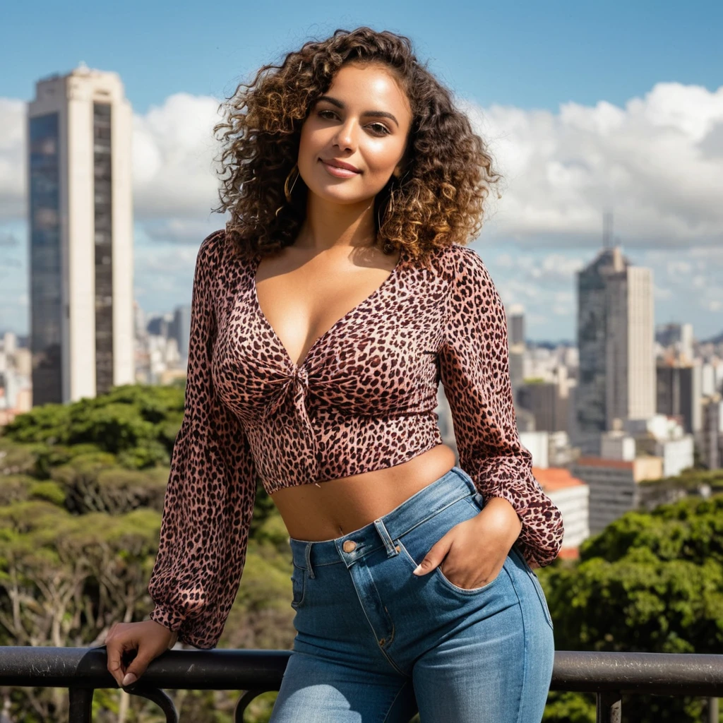 beautiful brazilian, (((round face shape with soft features, prominent cheekbones, delicate jaw, slightly rounded chin, medium forehead with natural, wavy hairline))), (((blackquality hair, long and curly with volume))), ((natural, full eyebrows)), (((relaxed and smiling pose, supported on an ornate iron railing))). (((medium shot, showing the character from the waist up, with the iconic Avenida Paulista in the background on a sunny day))). highy detailed, age 25, ((large, expressive dark brown eyes)). (((Long nose at base, gently curved bridge, rounded nostrils in harmony with the face))). ((plump, well-defined lips, com volume natural, dark pink tone)). high resolution, work of art. Pele realista Fitzpatrick V, with a natural golden tan, some soft freckles on the cheeks and nose. ((curvy and athletic body, typical of Brazilian women)).
((Wearing a colorful cheetah cropped blouse and high-waisted jeans)). excellent quality, extremely detaild, sharp focus, ((shooting with Canon EOS R5, lente RF 85mm f/1.2L USM)), Brazilian style vibrant color vision. Proportionate Body, photoshot_(ultra), photoshotrrealismo, photoshotgrafia (film grain) (((Intense natural light at noon in São Paulo, creating marked shadows and highlighting the vibrant colors of the city))) Em primeiro plano. Ao fundo, you can see the iconic buildings on Avenida Paulista, including MASP, mixed with trees in the median, capturing the urban and cultural essence of São Paulo.