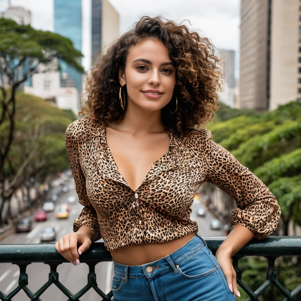 beautiful brazilian, (((round face shape with soft features, prominent cheekbones, delicate jaw, slightly rounded chin, medium forehead with natural, wavy hairline))), (((blackquality hair, long and curly with volume))), ((natural, full eyebrows)), (((relaxed and smiling pose, supported on an ornate iron railing))). (((medium shot, showing the character from the waist up, with the iconic Avenida Paulista in the background on a sunny day))). highy detailed, age 25, ((large, expressive dark brown eyes)). (((Long nose at base, gently curved bridge, rounded nostrils in harmony with the face))). ((plump, well-defined lips, com volume natural, dark pink tone)). high resolution, work of art. Pele realista Fitzpatrick V, with a natural golden tan, some soft freckles on the cheeks and nose. ((curvy and athletic body, typical of Brazilian women)).
((Wearing a colorful cheetah cropped blouse and high-waisted jeans)). excellent quality, extremely detaild, sharp focus, ((shooting with Canon EOS R5, lente RF 85mm f/1.2L USM)), Brazilian style vibrant color vision. Proportionate Body, photoshot_(ultra), photoshotrrealismo, photoshotgrafia (film grain) (((Intense natural light at noon in São Paulo, creating marked shadows and highlighting the vibrant colors of the city))) Em primeiro plano. Ao fundo, you can see the iconic buildings on Avenida Paulista, including MASP, mixed with trees in the median, capturing the urban and cultural essence of São Paulo.