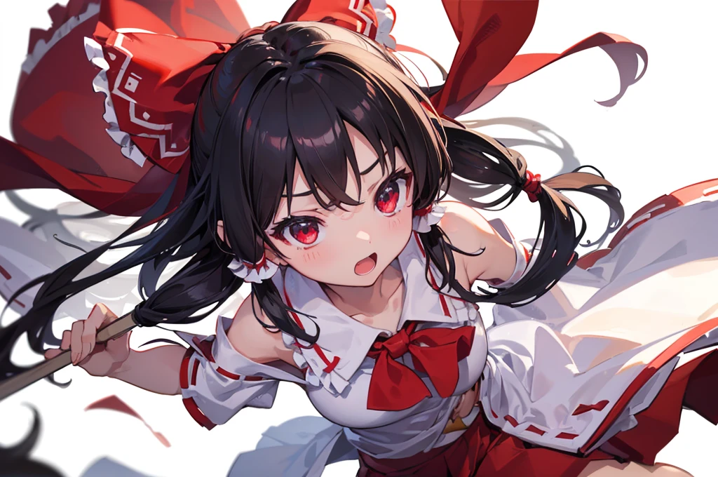 ((Highest quality)) 8k Hakurei Reimu Serious cute Young ((White background)) fight (Hold your bill) barrage (Countless great lights)