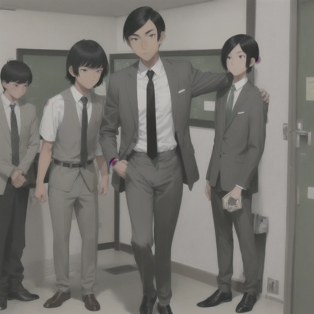 Asian teen, tan skin,  black combover hairstyle, green eyes, long nose, long sharp face , skinny , tall, white school shirt, grey tie, grey pants, fancy shoes