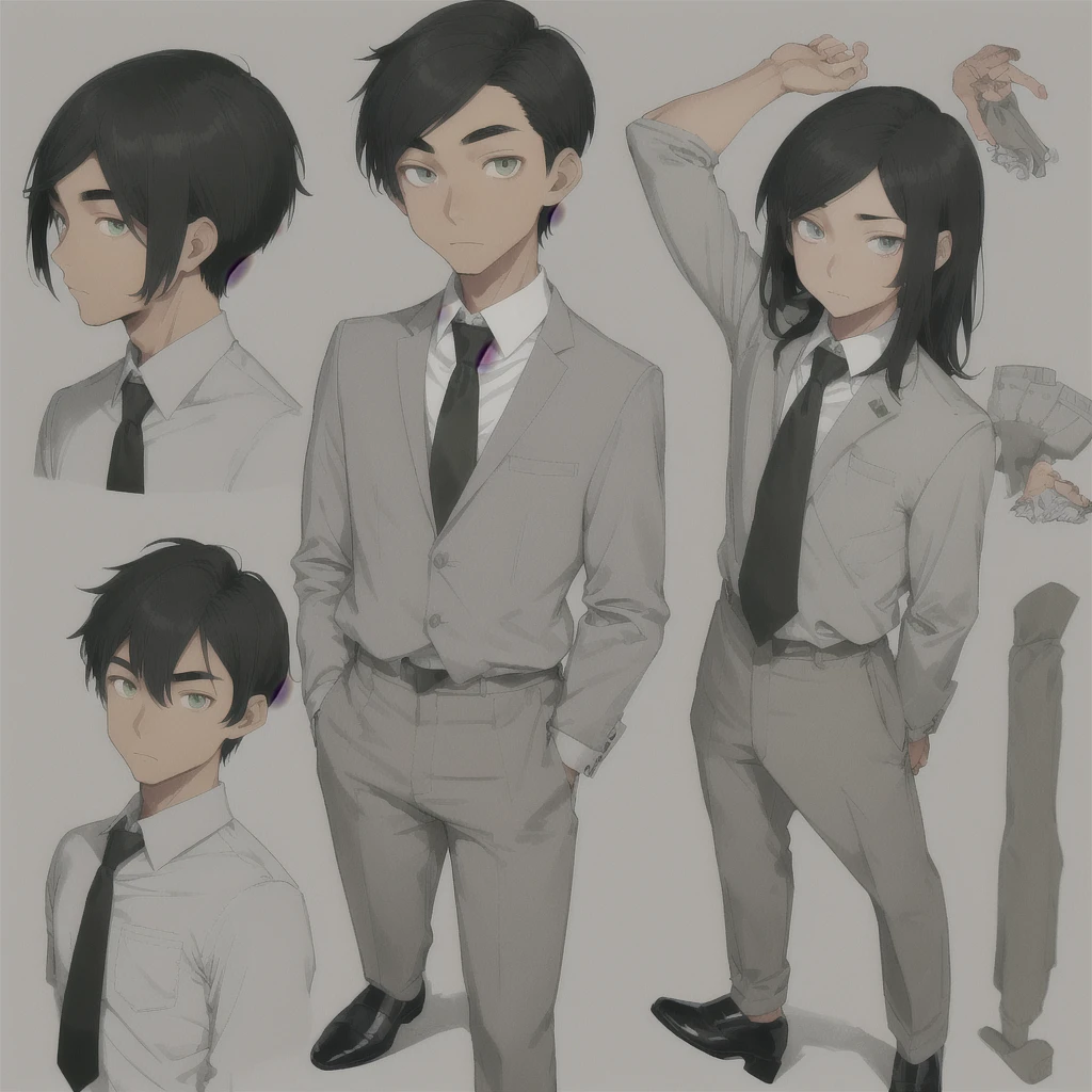 Asian , tan skin, black combover hairstyle, green eyes, long nose, long sharp face , skinny , tall, white school shirt, grey tie, grey pants, fancy shoes