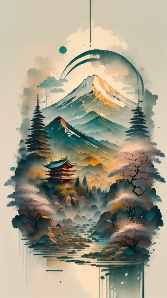 (Alavid mountain view with waterfalls and bridges, Landscape painting, High mountains and flowing water, A winding path leading to seclusion, Pavilions and towers,Cloud,Starry sky,Reflection,highly detailed landscape,Lens 135mm,F1.8, Aerial view,wide angles,largeaperture,Large depth of field,Thousands of miles of rivers and mountains,Calligraphy signature,Character stamp:1.45),Chinese painting style, Chinese style painting, Traditional Chinese painting, zhang daqian, Traditional Chinese Ink Painting, Chinese ink painting, Chinese painting, author：Xu Xi, Traditional Chinese art, author：Dong Qichang, inspired by Zhang Shunzi, Chinese landscape, author：Lee Young-jin