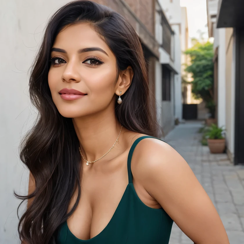 Create an ultra-realistic image of Marina, a modern, attractive female influencer of Indian descent, aged around 40. Marina should have a warm and inviting smile, expressive almond-shaped eyes with a slight shimmer, and clear, glowing skin with a medium brown complexion. Her features should be well-defined, with high cheekbones and a sharp jawline.
In this image, Marina should be wearing a fitted, sleeveless green dress with a high slit, identical to the one in the provided image. Her hairstyle should be long, straight, and flowing over her shoulders. Ensure her bust size is slightly larger than the model in the reference image while maintaining an elegant and natural look.
Marina should be posing in the same way as the model, with her back slightly turned and looking over her shoulder. The background should be an urban alleyway with similar lighting and setting as depicted in the reference image. The overall appearance should exude confidence, approachability, and sophistication, capturing the essence of a contemporary Indian fashion influencer.