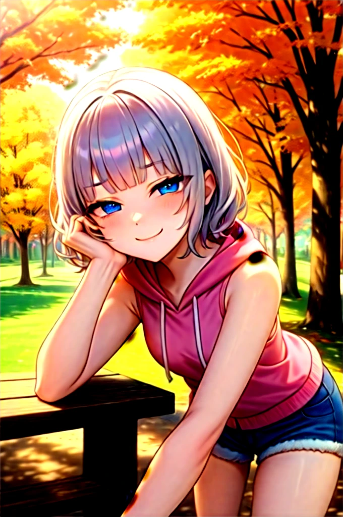 (masterpiece, best quality:1.2), absurdres, perfect anatomy, 1girl, (smug smile:1.2), POV, looking at viewer, hand on cheek, short hair, wavy hair, blunt bangs, silver hair, outdoors, autumn, pink \(sleeveless hoodie:1.2)\, hood down, ( jean shorts:1.1), solo focus, , soft lighting, public park, (blue eyes)