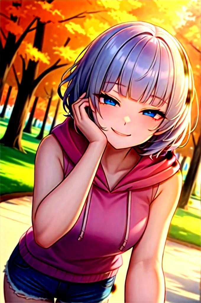 (masterpiece, best quality:1.2), absurdres, perfect anatomy, 1girl, (smug smile:1.2), POV, looking at viewer, hand on cheek, short hair, wavy hair, blunt bangs, silver hair, outdoors, autumn, pink \(sleeveless hoodie:1.2)\, hood down, ( jean shorts:1.1), solo focus, , soft lighting, public park, (blue eyes)
