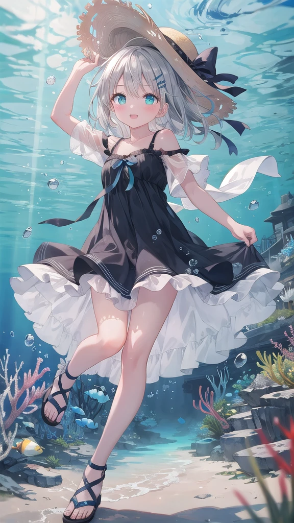 (8K, best quality, master piece: 1.3),super high resolution,1 girl, solo, full body ,ultra-detailed face, silme, (silver gray hair), thin hair clip, cyan colorshift eyes, expressive eyes, Ecstatic expression, Summer dress, linen, cotton, white, blue, sandals, straw hat, Underwater city, blue, green, silver, dark and oceanic light