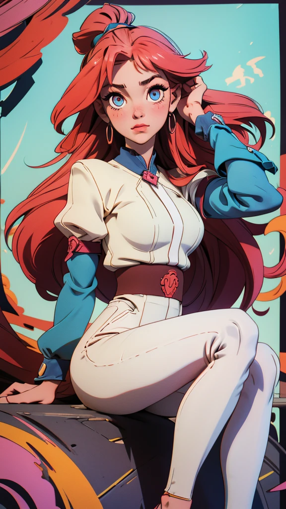 Best Quality, Masterpiece, 1 girl, (Alone:1.1), ray tracing, ultra detailed,detailed face, 8K Wallpaper, anime style, carved eyes, big breasts and butt, White skin , by address, he is wearing designer clothes, designer clothing, he is not wearing anything at the bottom, Uncovered vagina, shy look, blushing cheeks, the flag, pie pose, looking at the viewer, (foundation alestory)