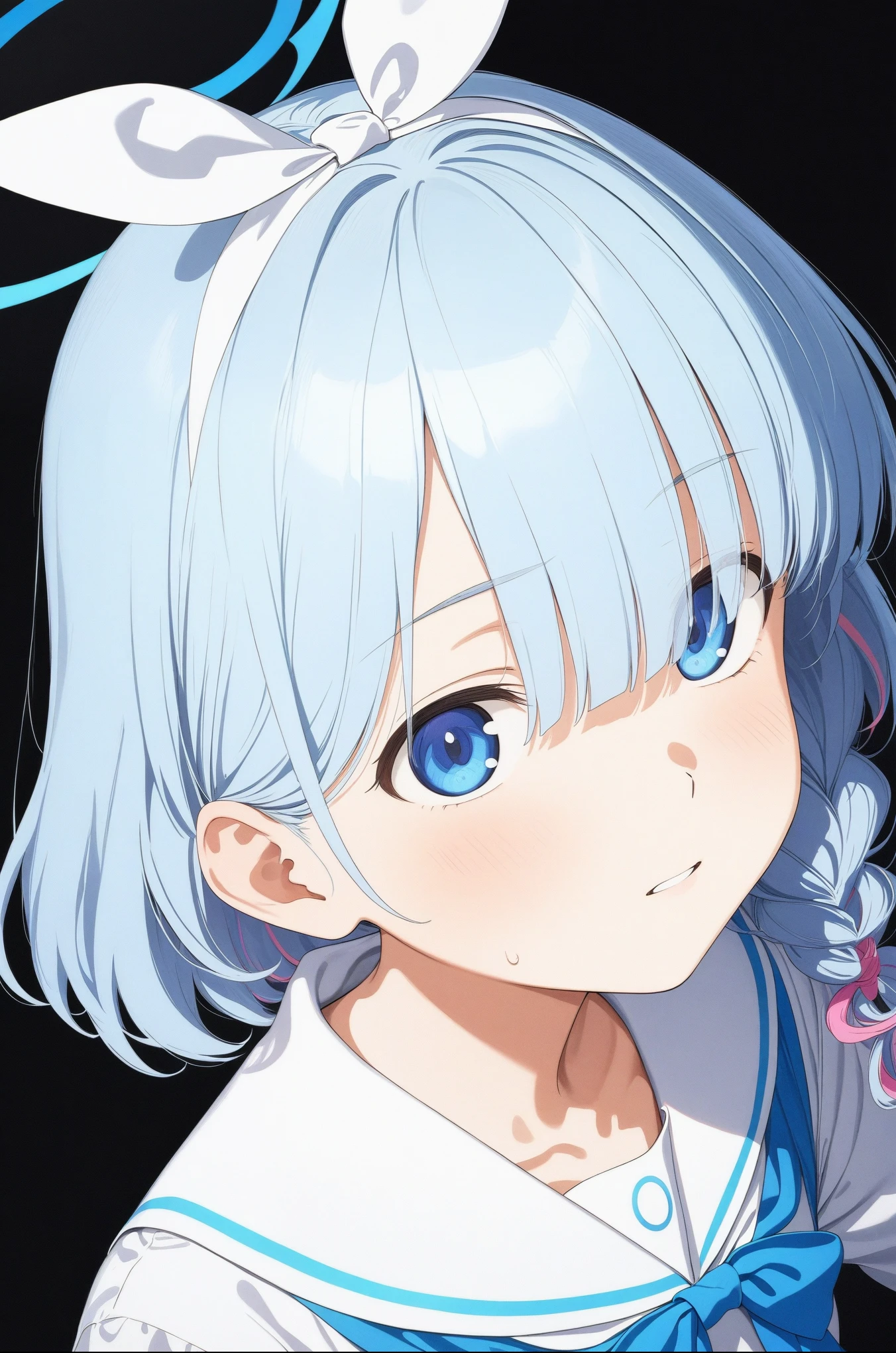 best quality, amazing quality, very aesthetic, absurdres, 1girl, arona (blue archive), blue archive, blue eyes, shorts, (artist official art:1.5), (from above), (realistic face), (narrowed eyes), (cowboy shot), ), panties, (thigh), expressive eyes, perfect face, 4k, extremely detailed anime illustration, extremely detailed eyes, enhanced details, perfect anatomy, light rays, photo background, extremely delicate body, smooth skin, feminine expression, (black background:1.5), cristal clear eyes, beautiful face,