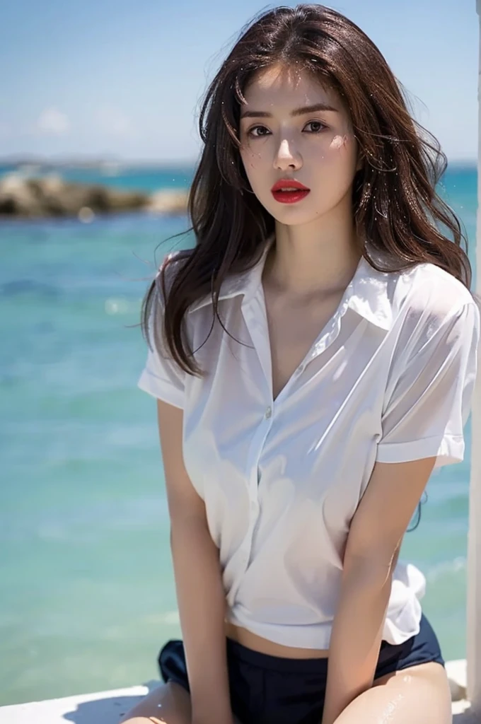 (Gray background、pubic hair、Large Breasts、Thighs、Red lipstick、(((Glaring)))、Curly Hair、Disheveled Hair、Cute woman、high school girl、White shirt、Navy frill mile、Open chest shirt、A wet shirt with underwear showing through、Wet Hair、Gazing at the sea、