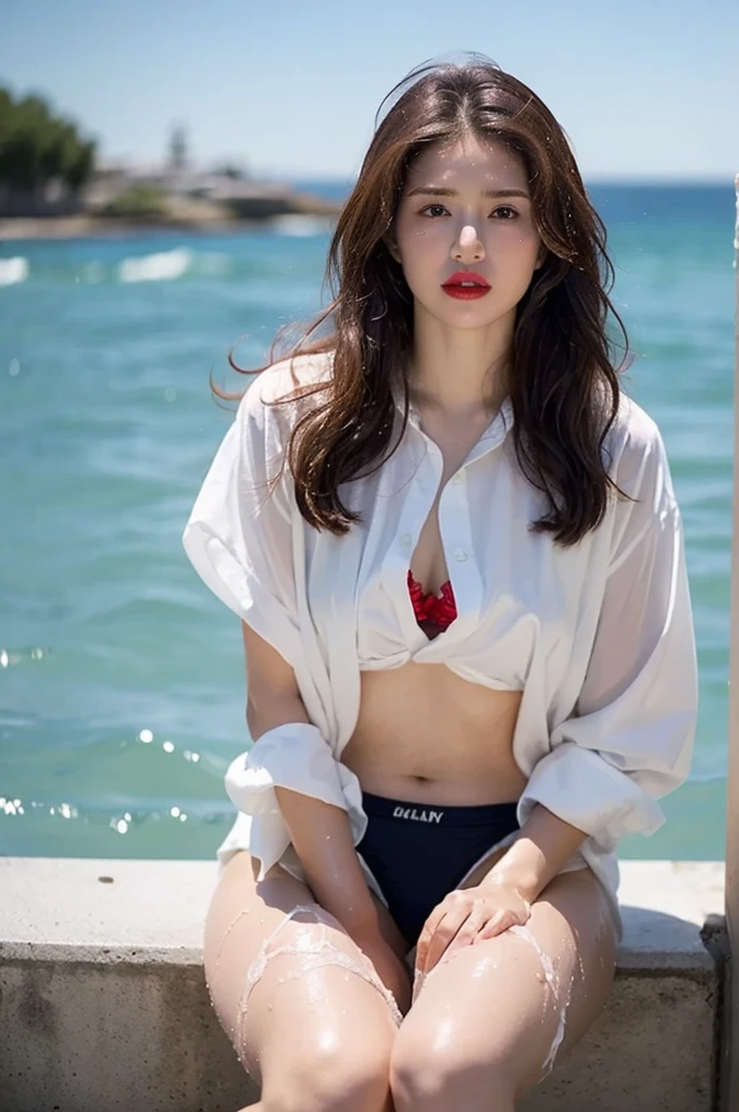 (Gray background、pubic hair、Large Breasts、Thighs、Red lipstick、(((Glaring)))、Curly Hair、Disheveled Hair、Cute woman、high school girl、White shirt、Navy frill mile、Open chest shirt、A wet shirt with underwear showing through、Wet Hair、Gazing at the sea、