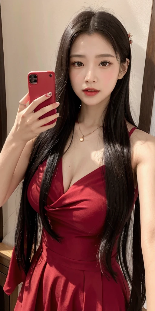 best quality, masterpiece, highres, 1girl, china hanfu,chinese architect background, red scarf, hair ornament,necklace, jewelry,Beautiful face,upon_body, tyndall effect,photorealistic, dark studio, rim lighting, two tone lighting,(high detailed skin:1.2), 8k uhd, dslr, soft lighting, high quality, volumetric lighting, candid, Photograph, high resolution, 4k, 8k, Bokeh,red dress girl, (selfie:1.4).